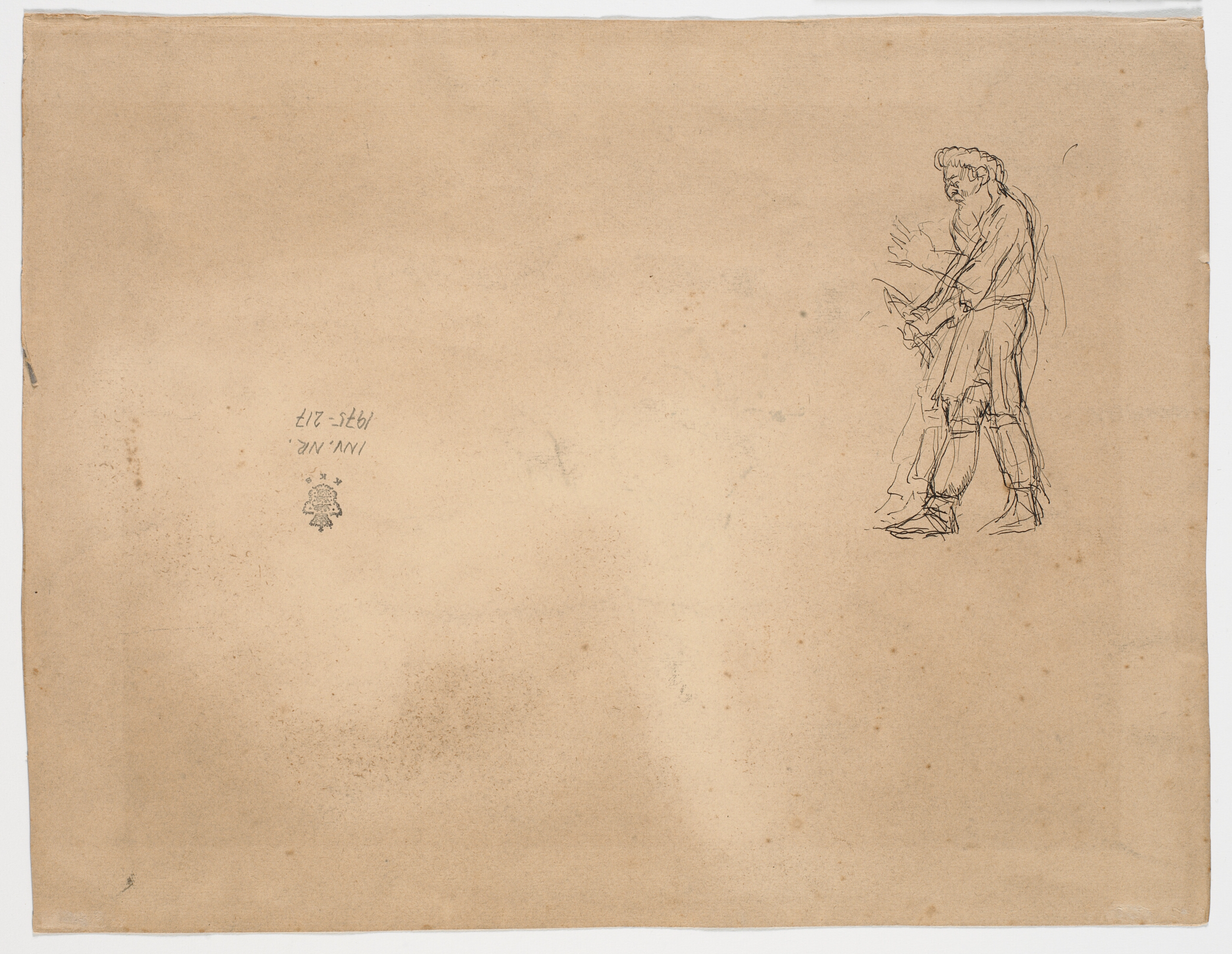 Skitse af stående skægget mand, i profil mod venstre